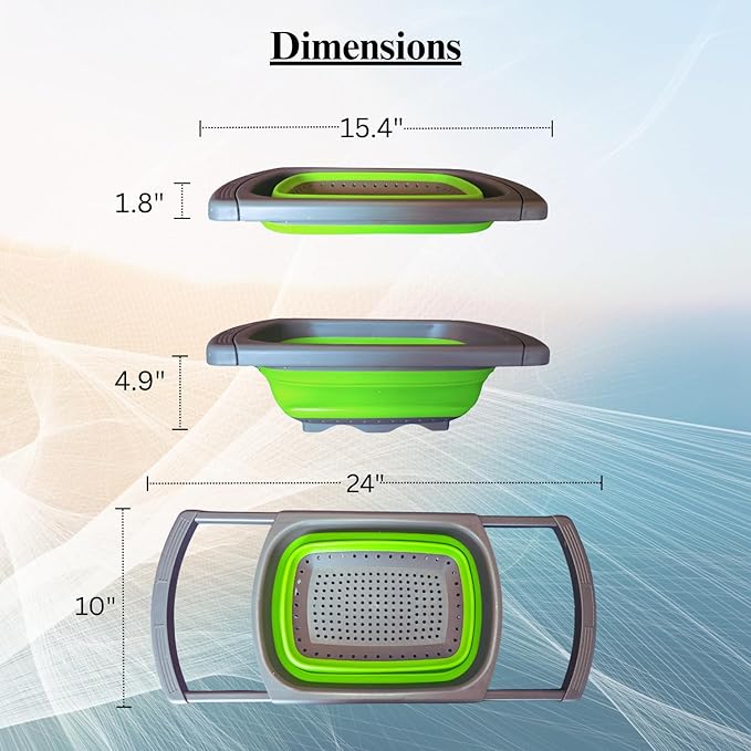 Collapsible Colander | Over the sink silicone kitchen strainer and collander with extendable handle | Clip-on silicone strainers for pots and pans|