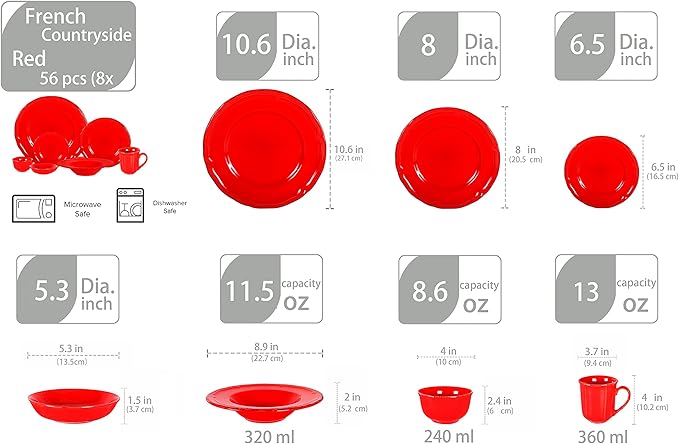 56pc Dinnerware Set, Plate and Bowl Set, Stoneware Dishes Set for 8, Microwave and Dishwahser Safe, Scratch Resistant, French Countryside Speckled Antique Red
