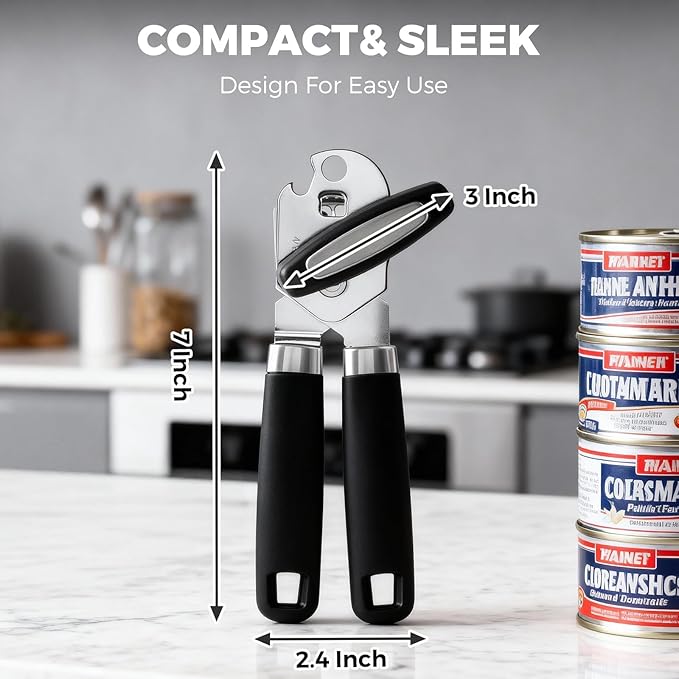 Heavy Duty Smooth Edge Manual Can Opener, Easy Grip Soft Handle with Oversized Turn Knob, Rust-Proof Stainless Steel Kitchen Tool & Bottle Opener, Black