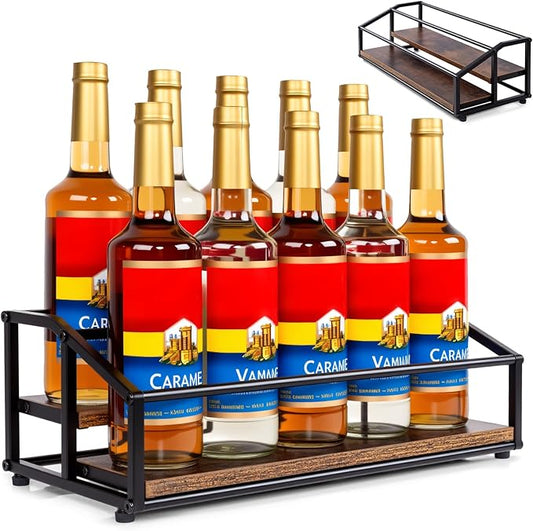 Coffee Syrup Organizer Rack, Liquor Bottle Display Shelf, 2 Tier 10 Syrup Bottles Holder Stand for Coffee Bar Kitchen Small Wine Rack for Family Storage for Syrup Wine Dressing