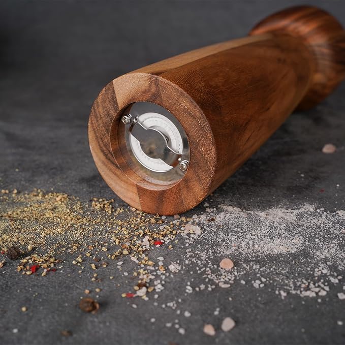 Salt Mill, Salt or Pepper Grinder with Adjustable Ceramic Grinding Core, Spice mill for Pepper and Salt, Acacia Wood, 8 inch/20.5 cm Height, Bottom DIA: 2.36 inch/6 cm(Tray is NOT Included)
