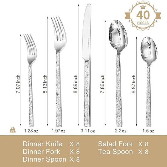 KINGSTONE 40 Pcs Hammered Silverware Set for 8, 18/10 Stainless Steel Heavy Duty Flatware Set, Tableware Cutlery Utensil Sets for Home Restaurant Dishwasher Safe