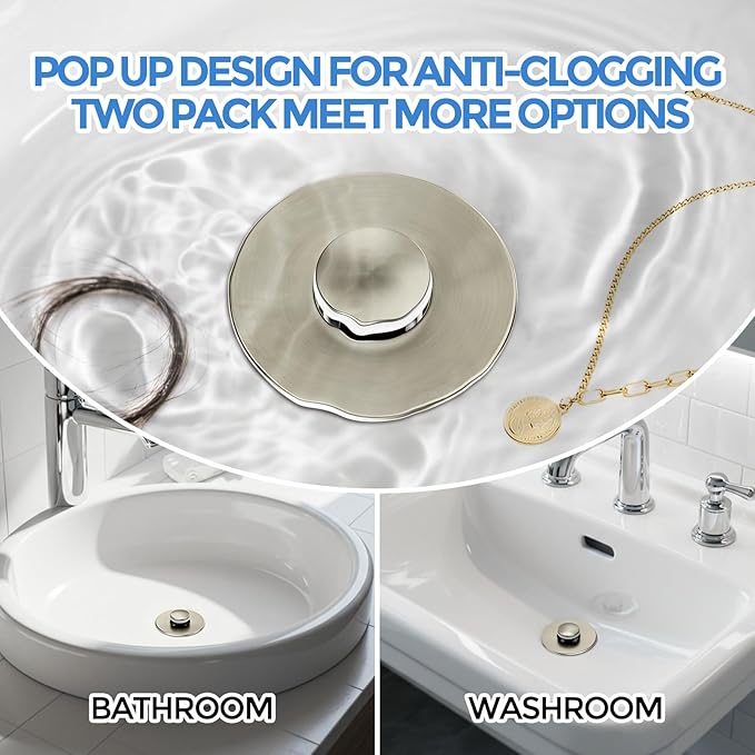 zaa Bathroom Sink Stopper - 2Pack Bathroom Sink Drain Strainer,Pop Up Bathroom Drain Stopper with Anti-Clogging Filter Basket,for 1.05~1.65 in U.S.Standard Basin Drain Holes,Brushed Nickel
