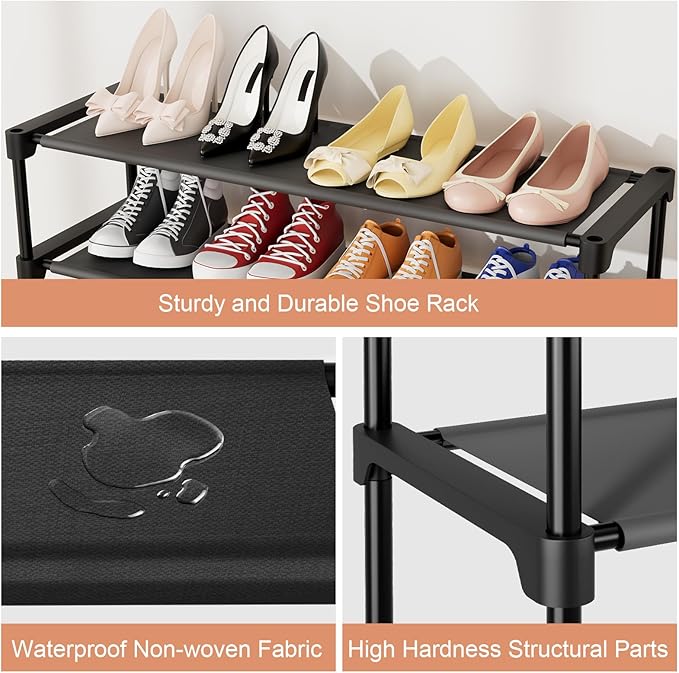 34" Widening Design Shoe Rack for Closet 16 Pairs Small Spaces Non-Woven 3 Tier Shoe Organizer Stackable Metal Shoe Shelf for Entryway, Bedroom