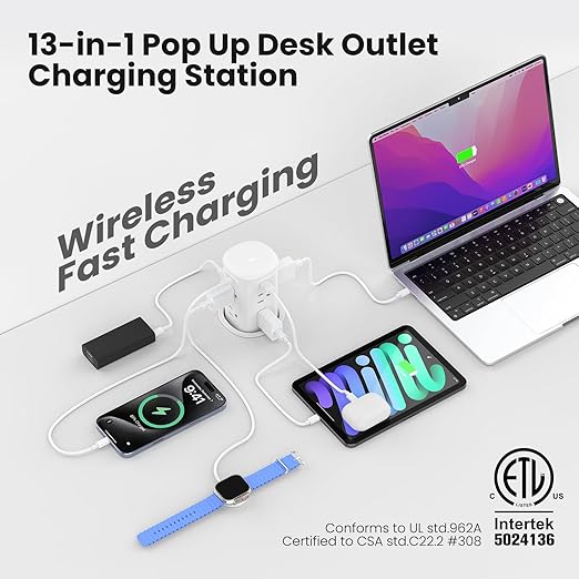 VILONG Pop Up Countertop Outlet with 15W Wireless Charger,4 USB Ports,8 Outlets,Space-Saving Concealed Design,Pop up Outlet for Conference Table,Kitchen Countertop (ETL Listed)