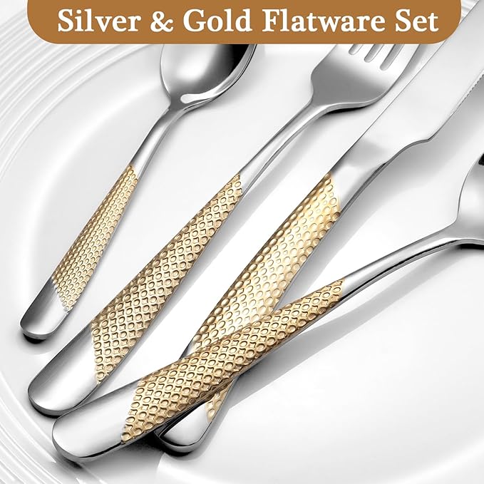 24 Piece Gold Hammered Silverware Set for 6, Premium Food-grade Stainless Steel Flatware Set, Luxury Design & Mirror Polished Cutlery Set, Eating Utensil Set with Fork Knife Spoon, Dishwasher Safe