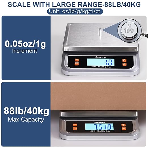 Atogou 88lb Food Scale, Commercial Kitchen Scale Plug-in Usable with Full View LCD Display, Stainless Steel, for Baking, Bread, Cooking, Meat, Vegetables, Farm, Industry LC200