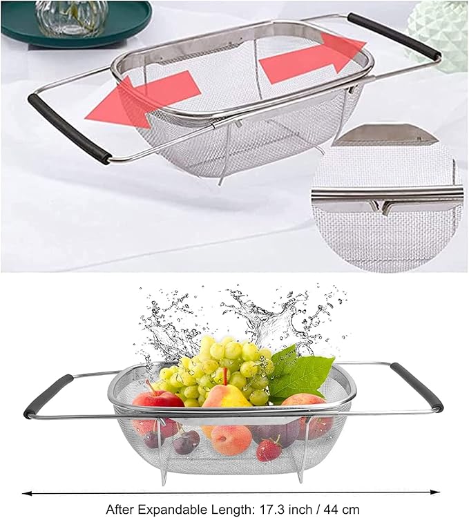 Over The Sink Colander, 4 Quarts Stainless Steel Oval Colander with Expandable Rubber Grip Handle, Fine Mesh Strainer Baskets Kitchen Colanders for Strain, Drain, Rinse Vegetable, Fruits, Black