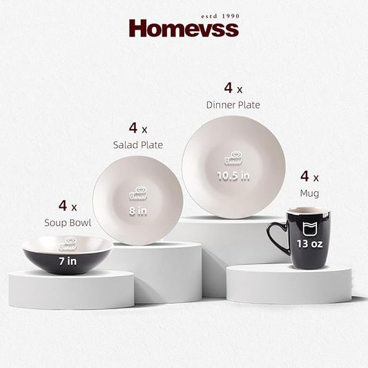 Stoneware Two-Tone Colors Life 16pc Dinner Set， Outside Shiny Black + Inside Matte Glaze Light Beige