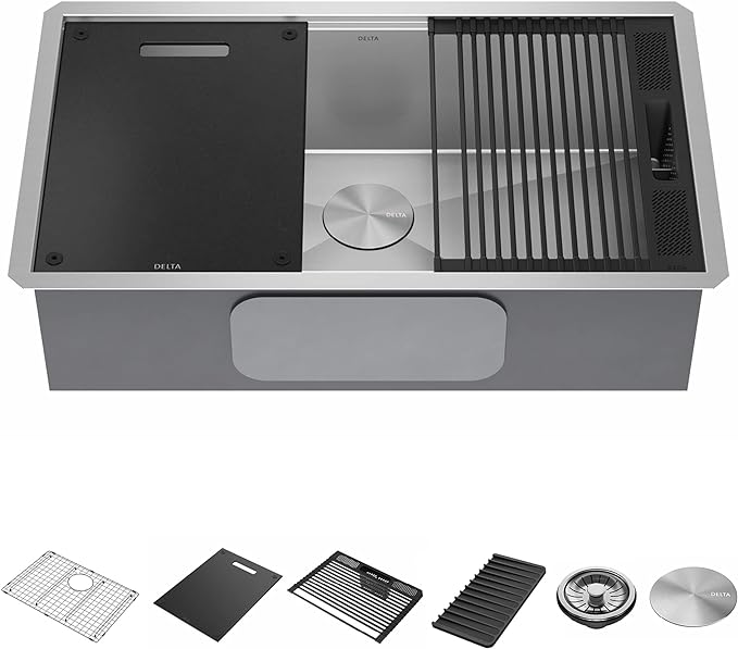 DELTA FAUCET DELTA Rivet 32-Inch Workstation Kitchen Sink Undermount 16 Gauge Stainless Steel Single Bowl with WorkFlow Ledge and Chef’s Kit of 6 Accessories, 95B931-32S-SS