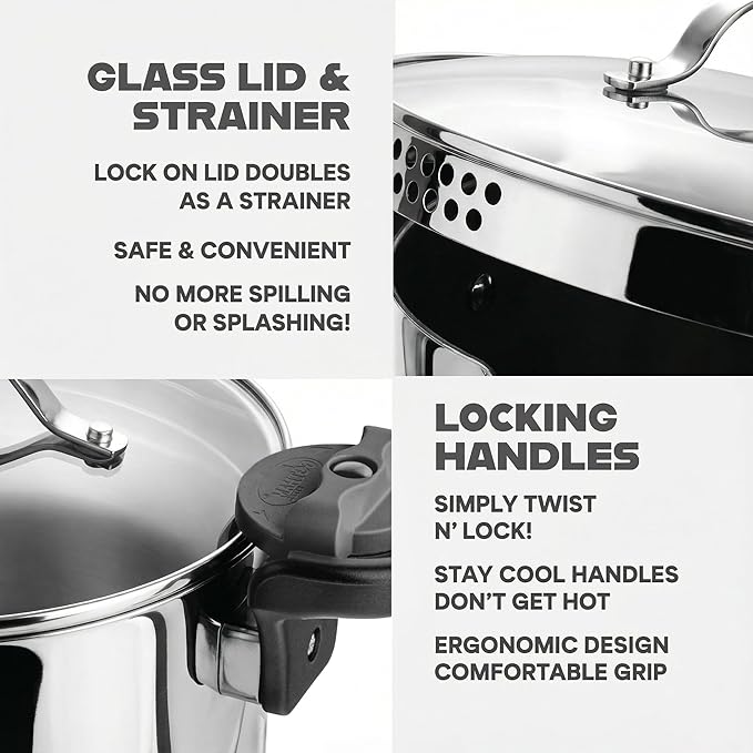 GOTHAM STEEL 5 Qt Stainless Steel Stock Pot Multipurpose Pasta Pot with Strainer Lid & Twist and Lock Handles, for Soup, Spaghetti, Rice, Induction Ready, Dishwasher Safe