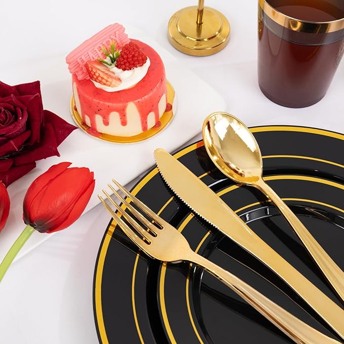 Supernal 800PCS Black and Gold Disposable Dinnerware Set Include 100 Dinner Plates&100 Dessert Plates,100 Knives,200Forks,100Spoons,100Cups,100Napkins for Party&Birthday