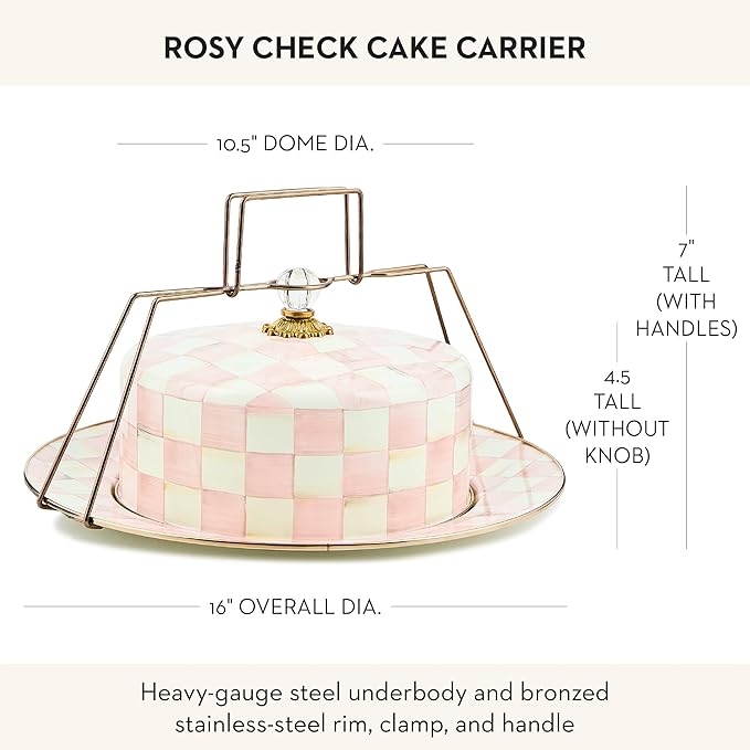 MACKENZIE-CHILDS Enamel Cake Carrier, Cake-Dish Serving Platter with Lid and Handles, Pink-and-White Rosy Check