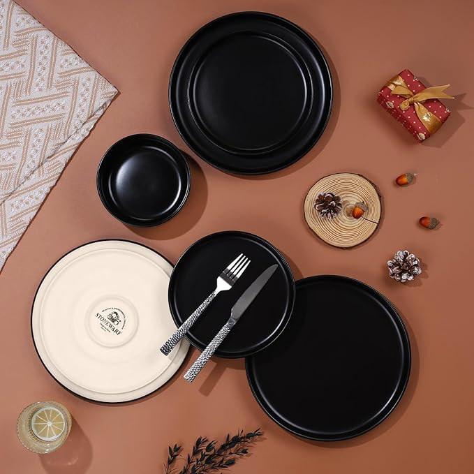 LIANYU 18PCS Dinnerware Plates and Bowls Sets, Ceramic Dishes Set for 6, Stoneware Dinner Dessert Salad Plates Cereal Bowls, Scratch Resistant Dishware, Microwavable & Dishwasher Safe, Matte Black