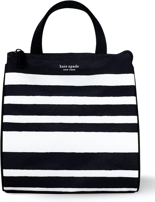 Kate Spade New York Black Portable Soft Cooler Lunch Bag, Thermal Tote with Silver Insulated Interior Lining and Storage Pocket, Sarah Stripe
