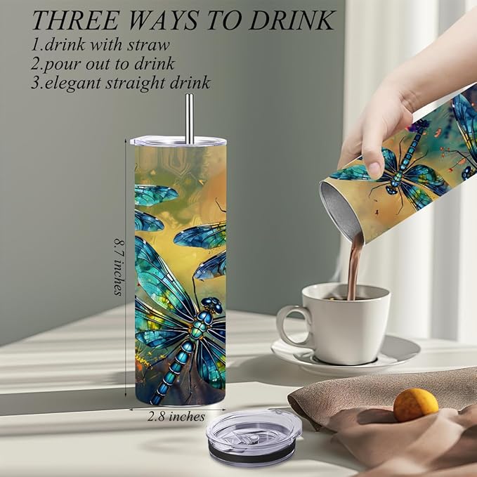 Coffee Tumbler, 20 oz Tumbler, Insulated Coffee Mug with Lid, Skinny Stainless Steel Thermal Cup, Slim Vacuum Water Bottle Travel Mug, Christmas Birthday Dragonfly Gifts for Women Men Girls Sister