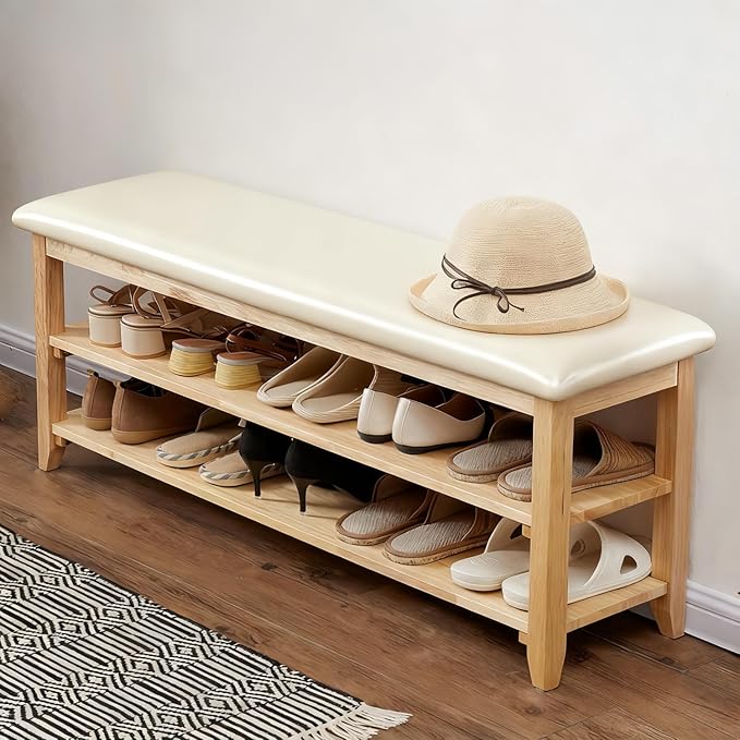 Shoe Bench Storage with Leather Cushion, Rustic Solid Wood Entryway Bench with 2 Height-Adjustable and Removable Shelves for Hallway, Living Room, Mudrooms (Natural Wood,47.2")