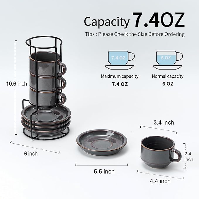 JIEMEI HOME Porcelain Stackable Cappuccino Cups with Saucers and Metal Stand, 7 Ounce Espresso Cups for Latte Coffee Cafe, Specialty Coffee Drinks, Cappuccino and Tea - Set of 4, Purple-Gray