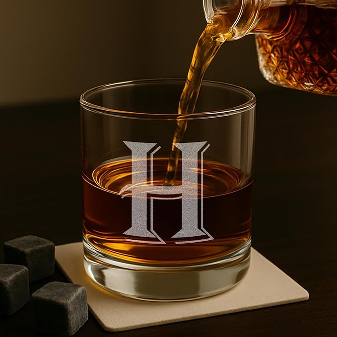 On The Rox Drinks [H-Monogram] - 4 Piece Set of 11 Ounce Engraved Heavy Base Rocks Whiskey Bourbon Glasses Elegant Glass-Multi-Purpose Beverage-Rocks Glass- Ideal Gift for any Occasion