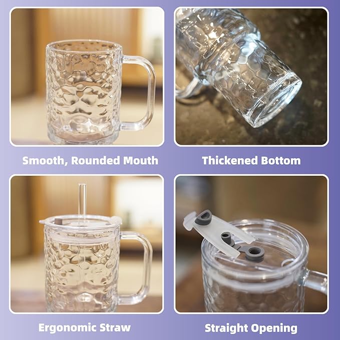 20 oz Glass Tumbler with Handle Set, 2 Pcs Clear Stanley Cup with Straw and Lid, Reusable Glass Cups for Coffee, Tea, Coffee, Juice, Yogurt, And Soda Water
