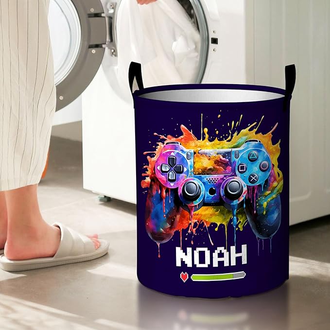 callie Personalized Game Hamper Laundry Basket Toy Storage for Boys, Waterproof Collapsible Dirty Clothes Bin for Kids Bedroom, Gifts for Gamer (13.8" x 16.5", 15.7" x 19.6")