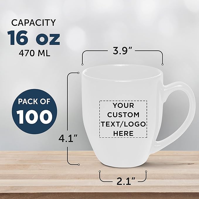 Custom Large Coffee Cups 16 oz. Set of 100, Personalized Bulk Pack - Perfect for Tea, Espresso, Cappuccino, Hot Cocoa - White