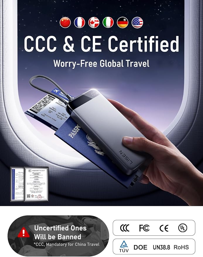 LISEN 20000mAh Power Bank Portable Charger with Built in Cable USB C, CCC Certified Travel Power Bank Fast Charging 35W Cool Tech Gifts for Men, Portable Charger iPhone 17 16 15 Samsung S25 S24 Ultra