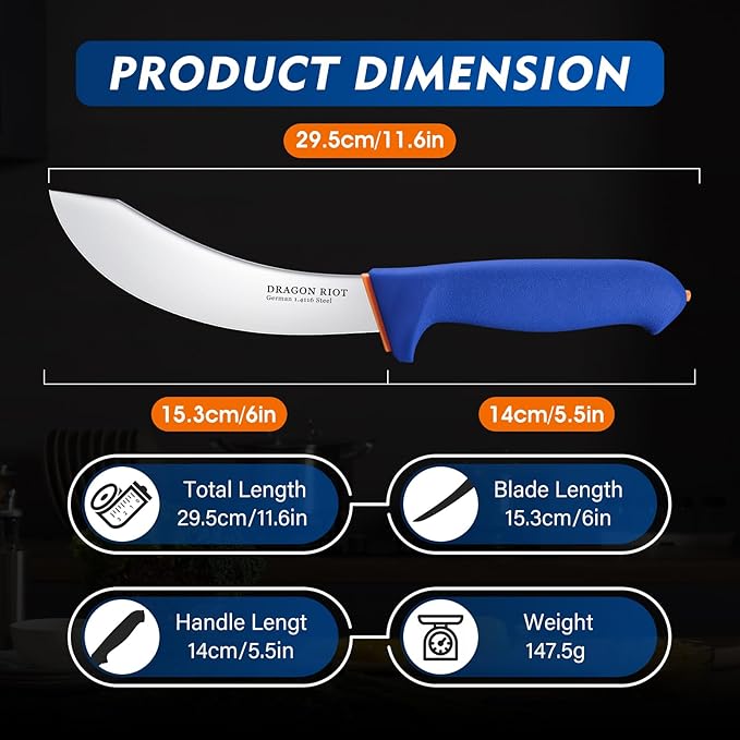 DRAGON RIOT 6 Inch Skining Knives, Beef Skinning Knife for Meat Cutting Stainless Steel Meat Butcher Processing Knife
