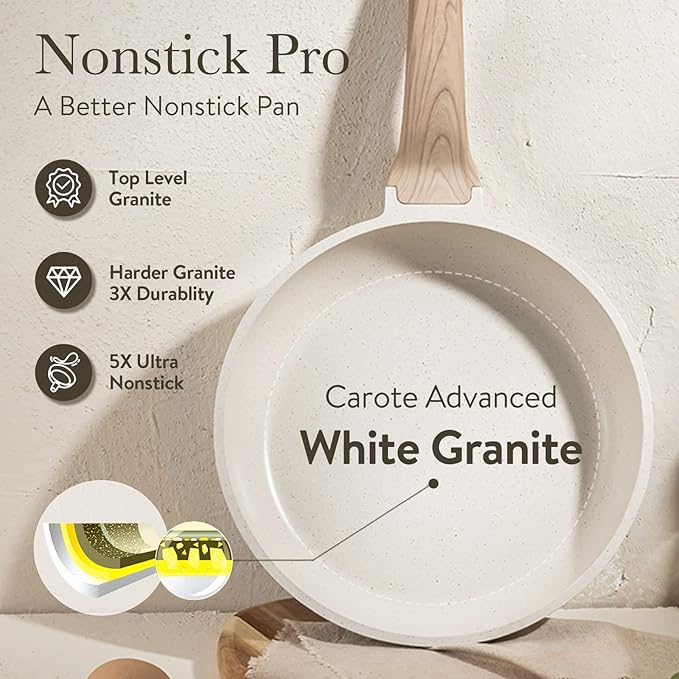 CAROTE 22pcs Pots and Pans Set Nonstick, Cookware Set White Granite Induction Kitchen Cooking Set w/Frying Pans & Saucepans& Grill Pan(PFOS, PFOA Free)