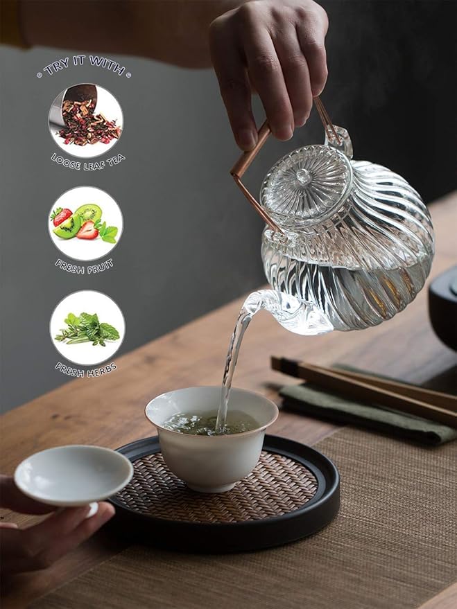 IwaiLoft Stovetop Safe Glass Teapot with Removable Infuser Fine Borosilicate Tea Pot perfect for Fruit Flowering Tea Canister Premium Quality Tea Kettle Gift IW-G086 (25OZ, LINE)