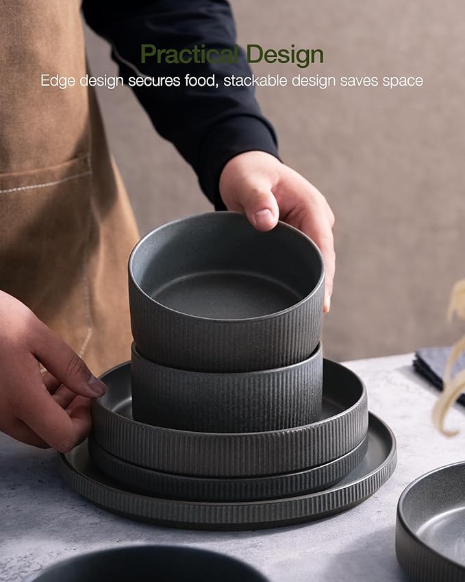 famiware Star Dinnerware Sets, Plates and Bowls Set for 4, 12 Pieces Ribbed Dishes - Chip and Scratch Resistant, Microwave and Dishwasher Safe Tableware, Matte Dark Charcoal