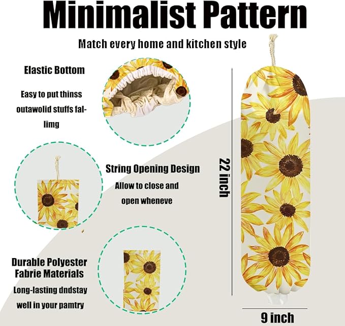 Sunflower Plastic Bag Holder 22.5x9 Inch, Wall Mount Plastic Bag Holders for Grocery Bags, Floral Reusable Grocery Bags Storage Dispenser for Home Kitchen Pantry Decor, Sunflower Gifts for Women Mom