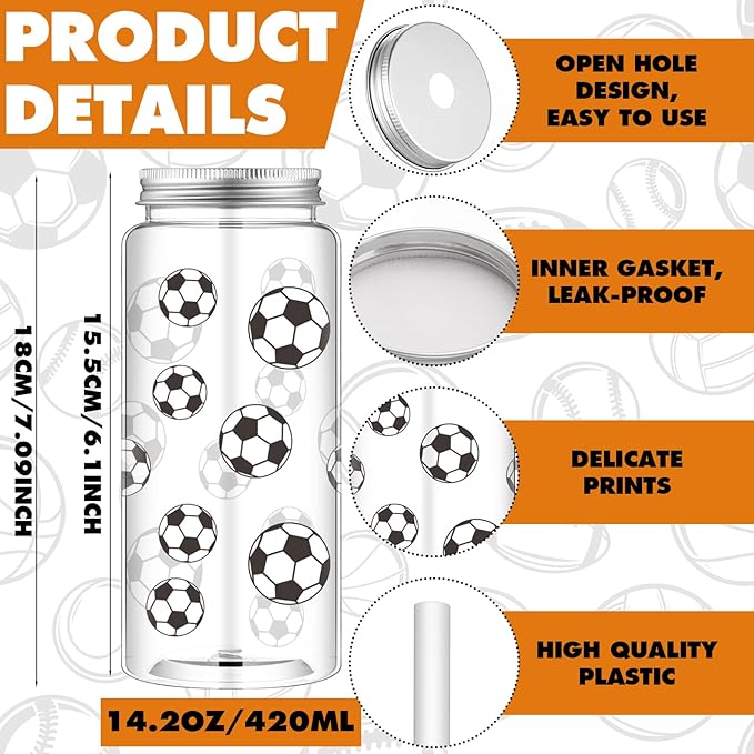 Hushee 24 Pcs 14.2 oz Sports Plastic Tumbler with Lid and Straw Basketball Football Baseball Soccer Clear Plastic Cups with 4 Sports Themed Ribbons Reusable Cups for Birthday Party Favors