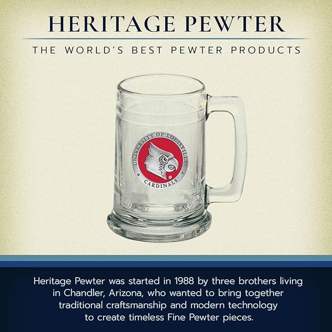 Louisville Beer Stein Glass | 15 Ounce German-Style Beer Glass | Intricately Crafted Metal Pewter Alma Mater Inlay By Heritage Pewter