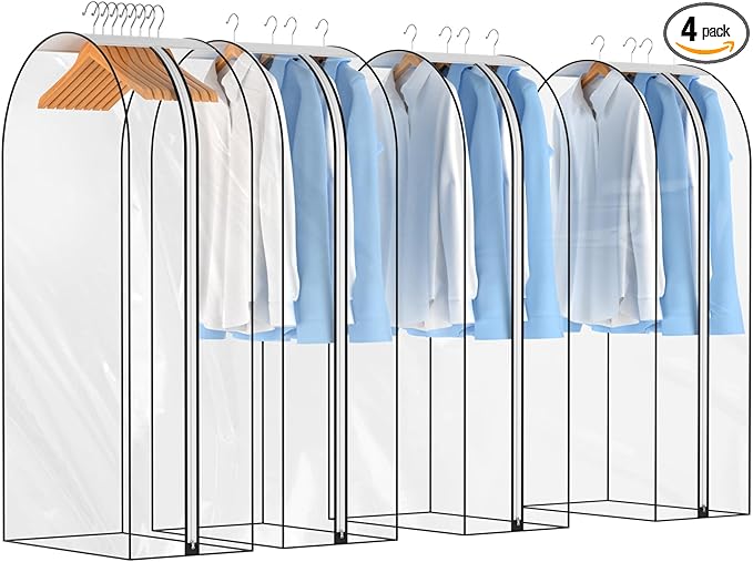 10" Gusseted All Clear Garment Bags for Hanging Clothes 4 Packs 50" Suit Bags for Closet Storage Hanging Clothes Storage Suit Cover for Shirts, Coats, Dresses