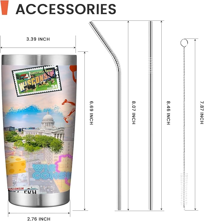 20oz Insulated Tumbler Wisconsin State Coffee Mug, United States Map Travel Mug Landmark, Birthday Gifts Cute Custom Tumbler Cups with Lid and Straw Gifts for Mom