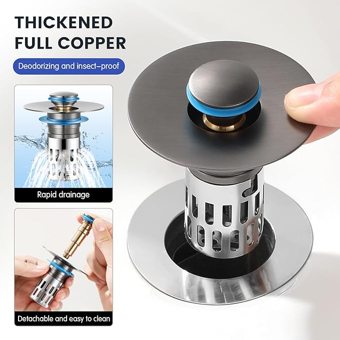 Universal Bathroom Sink Stopper Replacement,Pop Up Sink Drain Strainer Hair Catcher,Silent Copper Popper Core/Cover,Stainless Steel Filter Basket Fit 1.05~2.0'' (Silver Polished, 2 Pack)
