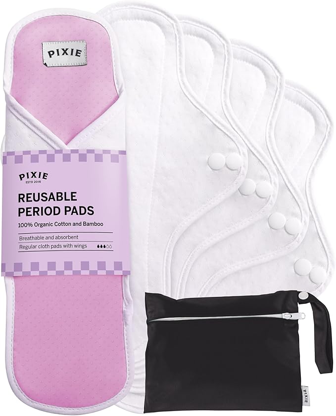 Pixie Cotton Cloth Pads for Feminine Care - 100% Organic Reusable Pads - Ranked 1 for Softest Menstrual Sanitary Napkins - Machine Washable & Includes Free Wet Bag - Menstrual Liner (Regular)