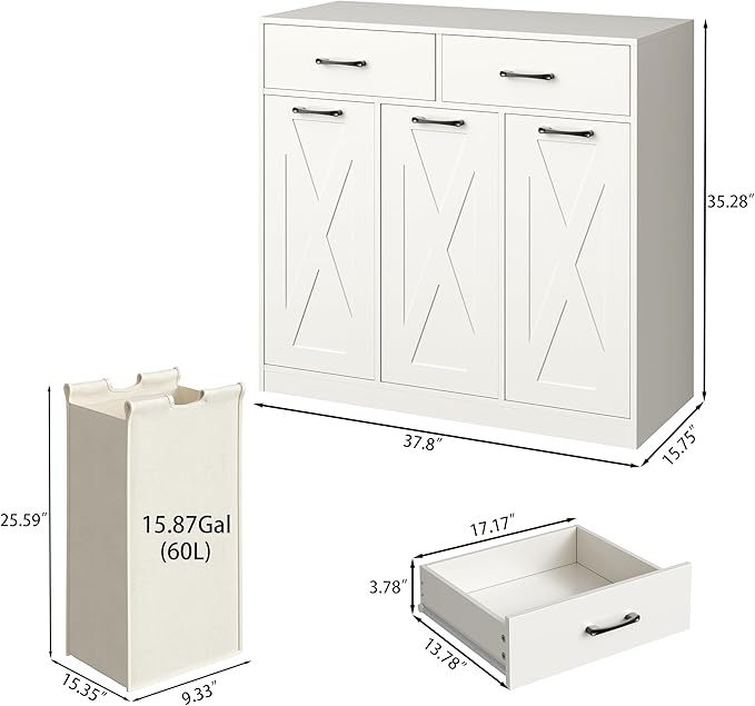 Laundry Hamper Cabinet with Pull-Out Bags, 2 Drawers & Top Shelf, Hidden Laundry Basket Storage, 3 x 15.87 Gallons, Laundry Storage Cabinet for Laundry Room, Bedroom White YL01XLW