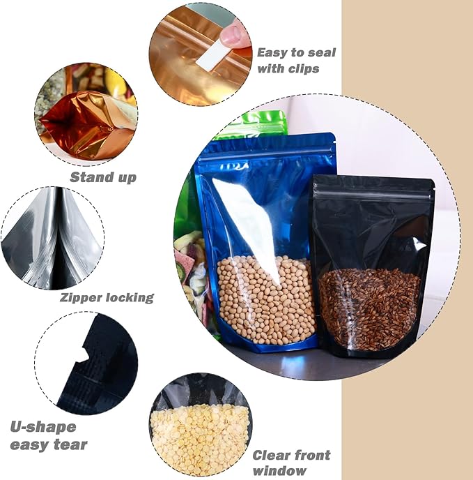150-pack 7" x 10" Large Stand Up Mylar Bags with Clear Window 1 Quart Resealable Foil Pouches for Food Storage Smell Proof Edible Packaging Bag for Cookies and Small Business, Bulk