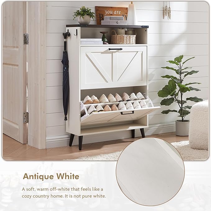 Shoe Storage Cabinet,Farmhouse Shoe Organizer with 2 Flip Drawers & Barn Door Design,Freestanding Hidden Slim Narrow Shoe Rack Cabinet with Open Storage for Entryway, Foyer,Antique White