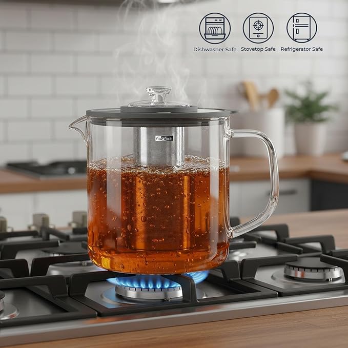 Aquach 68oz Glass Teapot with Infuser - Stovetop & Dishwasher Safe, Plastic-Free Borosilicate Glass Tea Kettle for Loose Leaf & Iced Tea