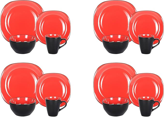 Stoneware Square 16pc Dinnerware Set, Inside Shiny Red + Outside Matte Black