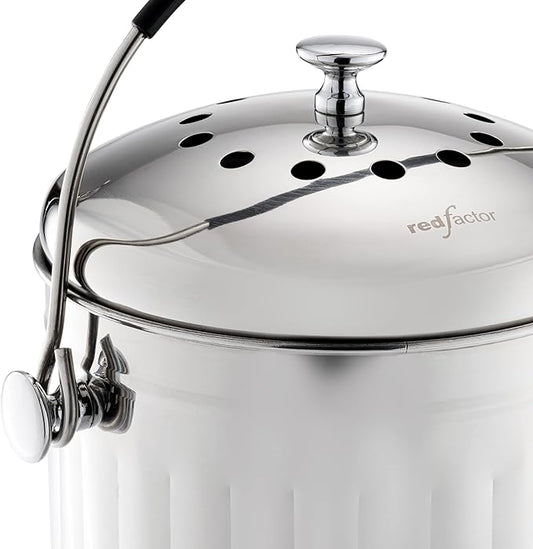 RED FACTOR Premium Compost Bin for Kitchen Countertop - Stainless Steel Food Waste Bucket with Innovative Dual Filter Technology - Includes Spare Filters (Brilliant Steel, 1.3 Gallon)