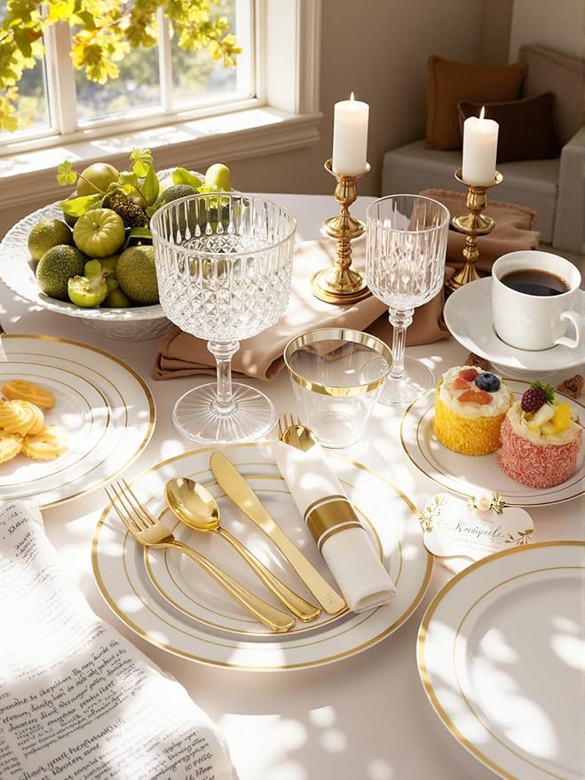 175PCS White and Gold Plastic Plates - Christmas Plates with Rolled Napkins for Party - 25Guest Disposable Dinnerware Sets for Party/Christmas/Wedding
