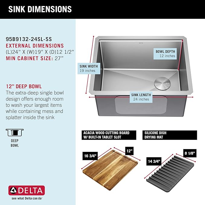 DELTA FAUCET Lorelai 24-inch Workstation Laundry Utility Kitchen Sink Undermount 16 Gauge Stainless Steel Single Bowl with WorkFlow Ledge and a Kit of 5 Accessories, 95B9132-24SL-SS