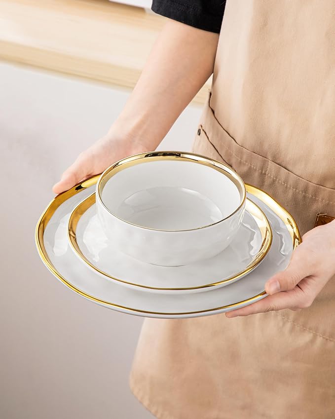 LOVECASA 12 Pieces Plates and Bowls Sets, Porcelain White and Gold Dinnerware Sets, Round Dinner Plates Dishes Set Service for 4, Dishwasher Safe and Scratch Resistant, White
