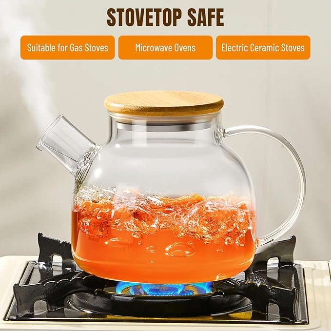 PARACITY Glass Teapot Stovetop 34oz/1000ml, Borosilicate Clear Tea Kettle with Removable 18/8 Stainless Steel Infuser,Glass Tea Kettle with Wooden Lid, Teapot for Loose Leaf Tea Fruit Tea Fragrant Tea