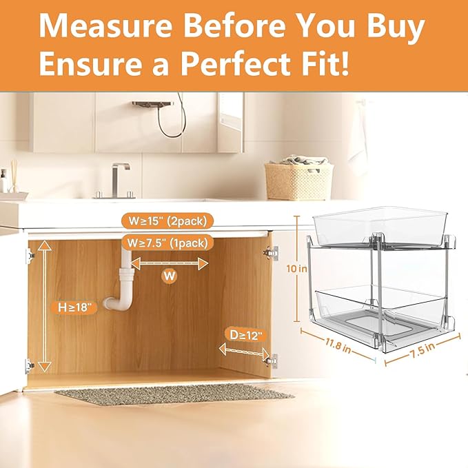 2 Pack Clear Under Sink Organizers, Pull Out Cabinet Organizer,2 Tier Bathroom Storage Organizer,Cabinet Drawers Organization Bins with Track for Kitchen,Pantry,Fridge,Vanity
