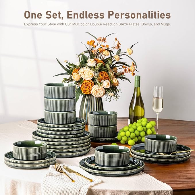 GBHOME Stoneware Dinnerware Sets for 4,Round Reactive Glaze Ceramic Plates and Bowls Set,Highly Scratch Resistant | Dishwasher & Microwave Safe Dishes Set,Service for 4(12Pcs),Earth Green